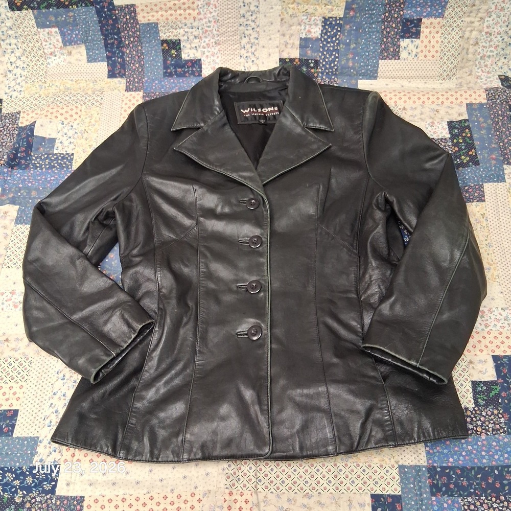 Vintage Wilsons Leather Blazer Womens Large Black Fitted Four Button Jacket